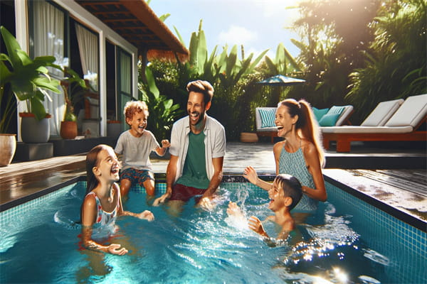 A family of five playing in the swimming pool